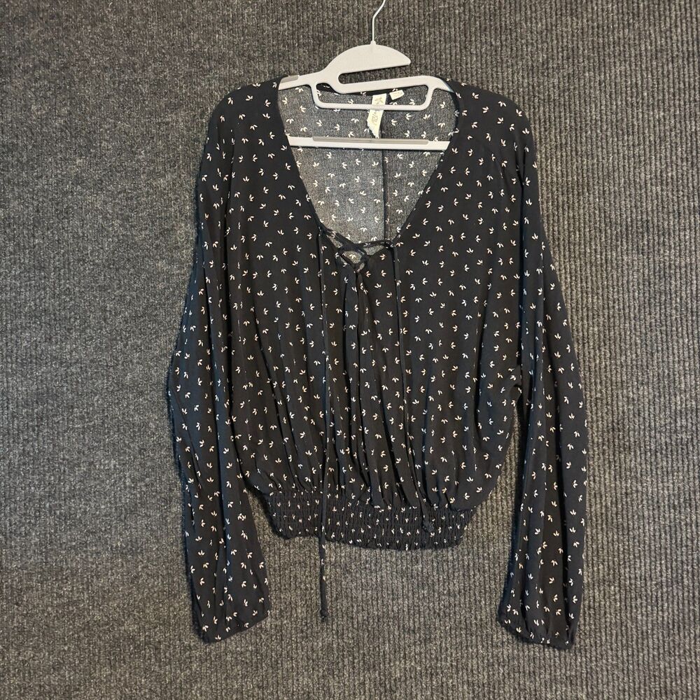 Others Follow Black Floral V Neck Tie Front Blouse Size XL